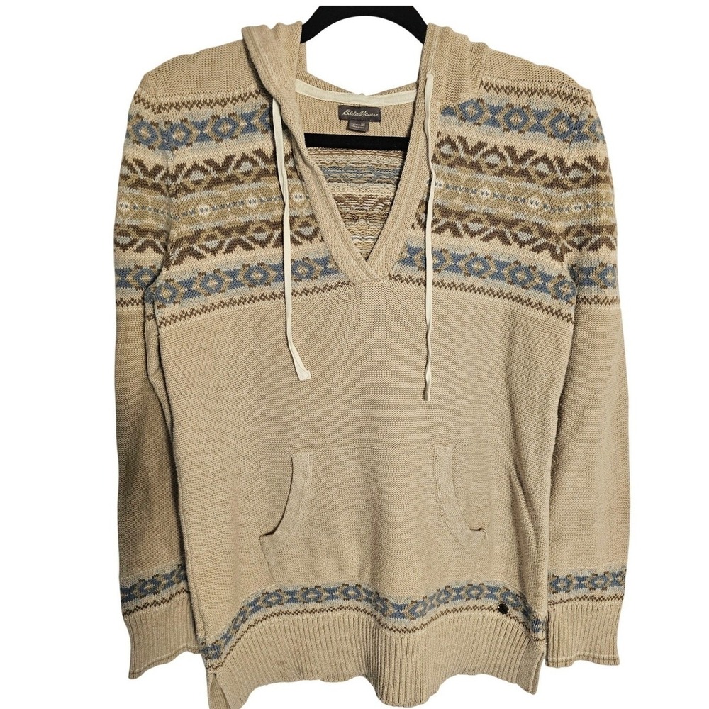 Eddie Bauer Women's Medium Fair Isle Knit Hoodie Sweater Beige Blue Size M